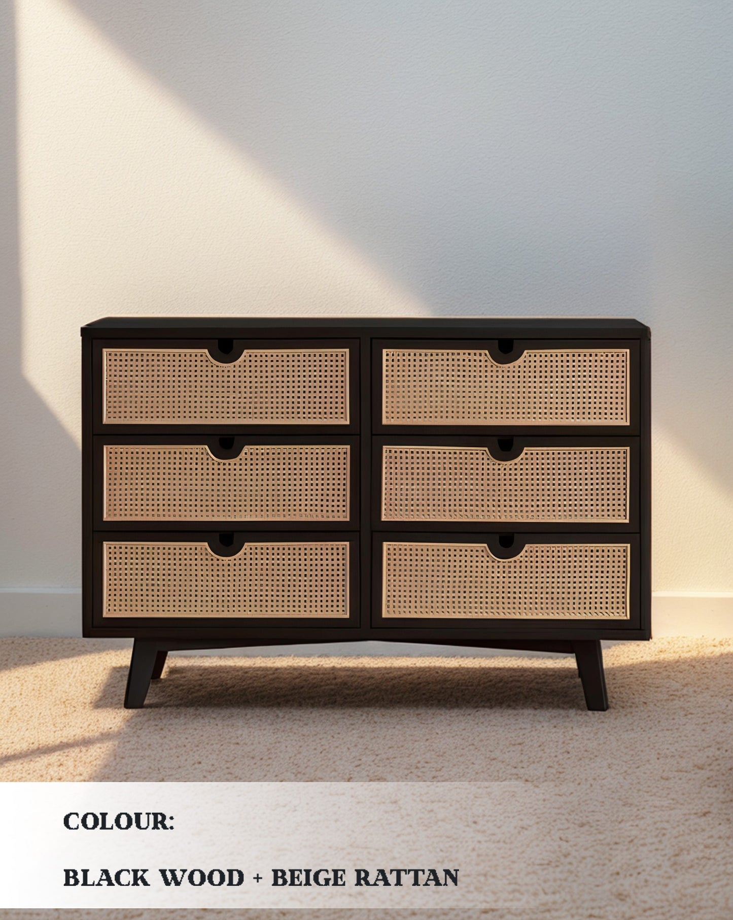 Beige 6-Drawer Dresser with Rattan