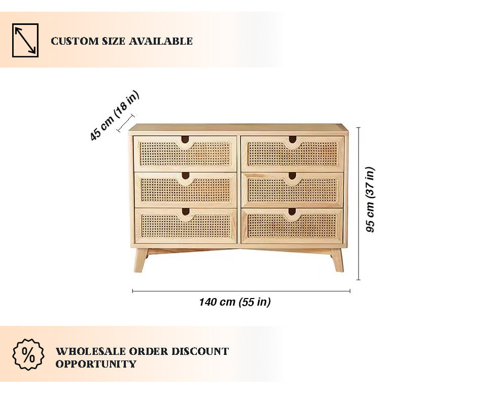 Beige 6-Drawer Dresser with Rattan