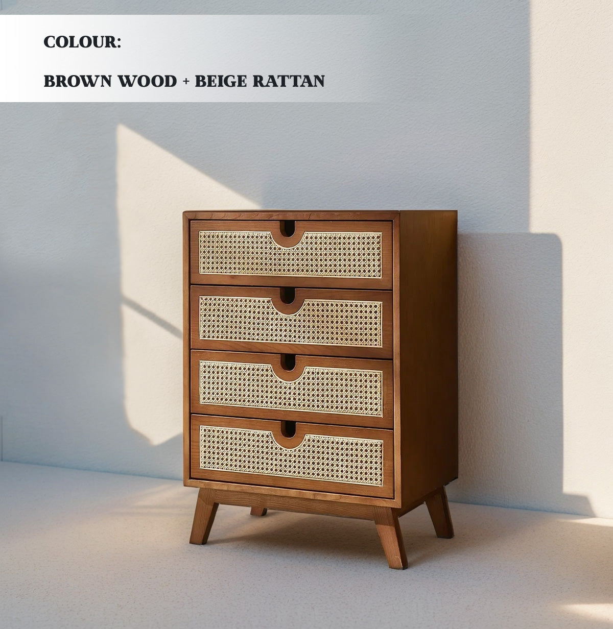 Brown 4-Drawer Dresser with Rattan