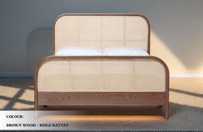 Black Wooden Bed with Rattan