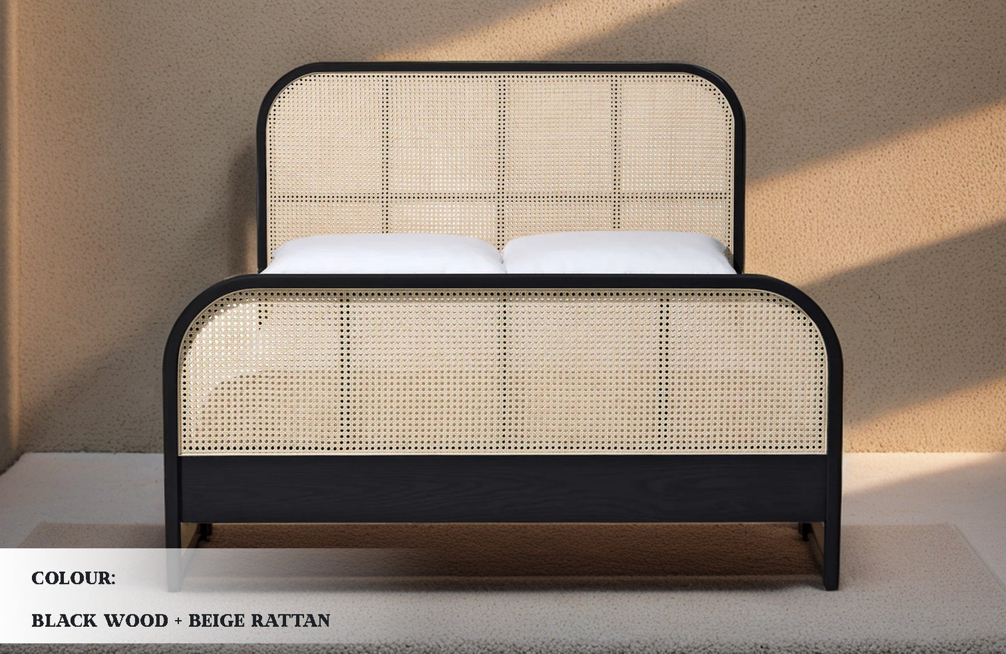 Black Wooden Bed with Rattan