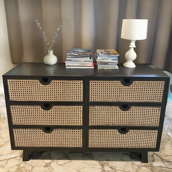 Beige 6-Drawer Dresser with Rattan