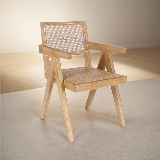 Beige Wooden Chair with Rattan