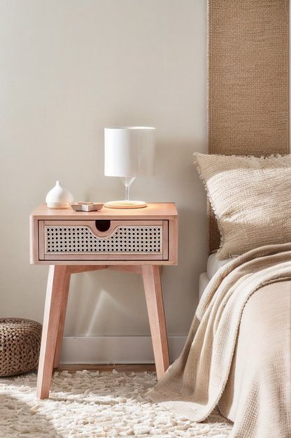 Beige Nightstand with Rattan