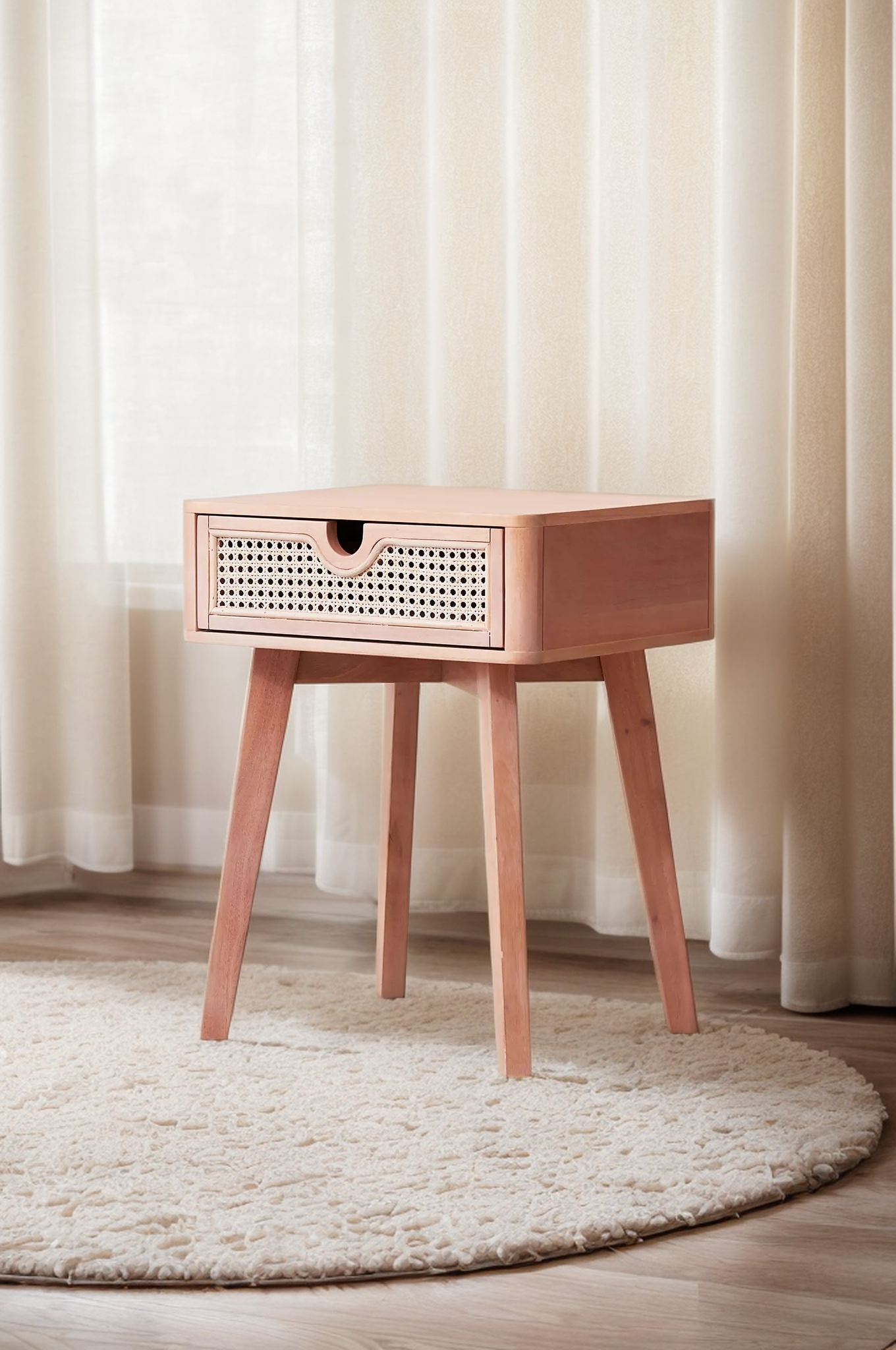 Beige Nightstand with Rattan