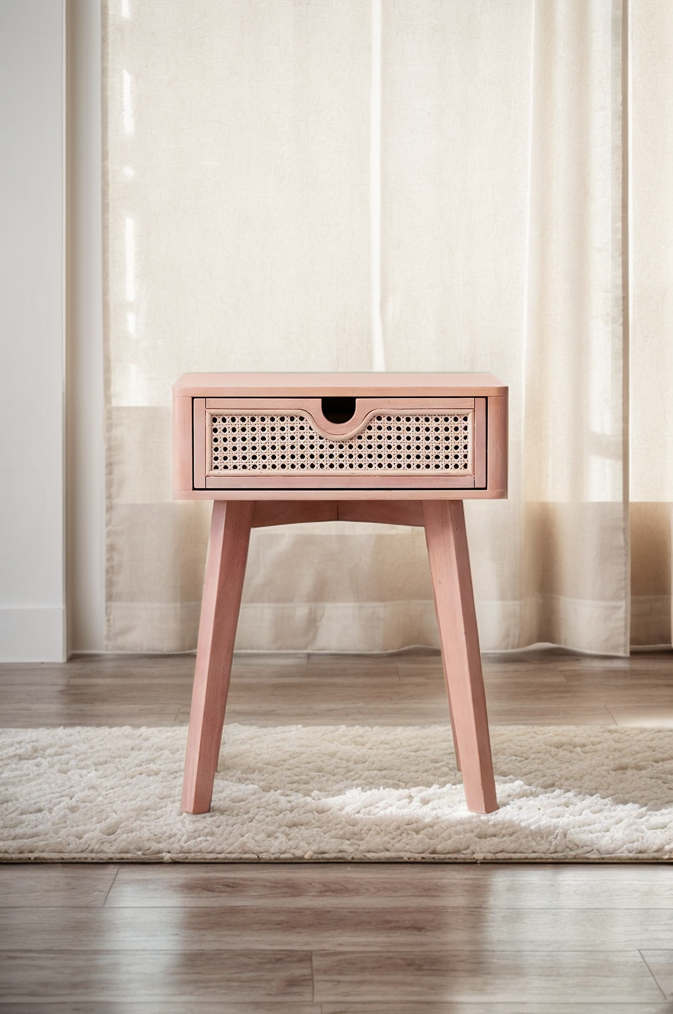 Beige Nightstand with Rattan