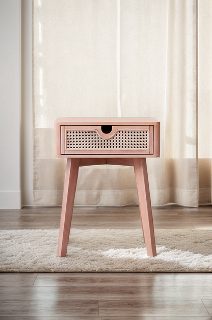 Beige Nightstand with Rattan