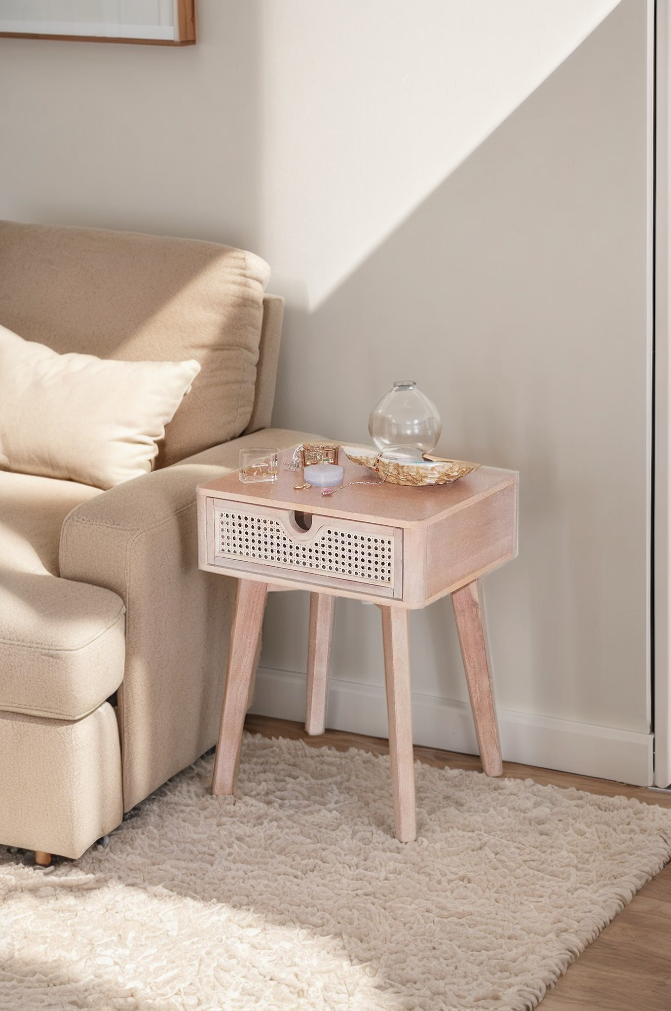 Beige Nightstand with Rattan