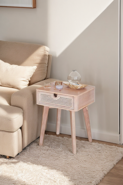 Beige Nightstand with Rattan