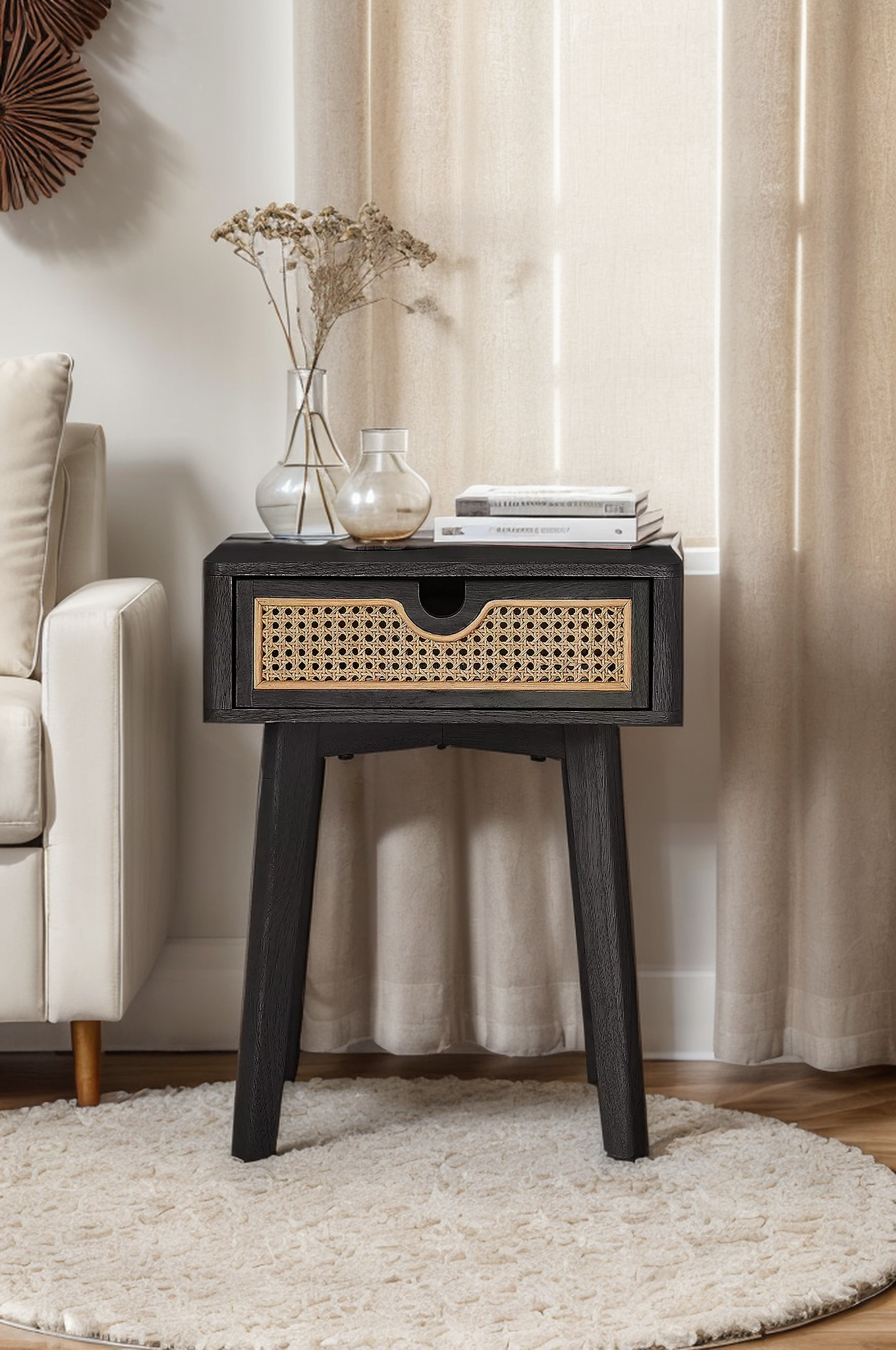 Beige Nightstand with Rattan