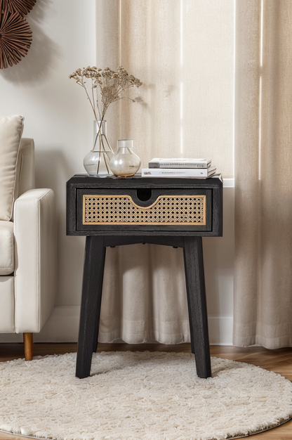 Beige Nightstand with Rattan