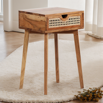 Beige Nightstand with Rattan