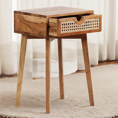 Beige Nightstand with Rattan