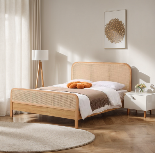 Beige Wooden Bed with Rattan