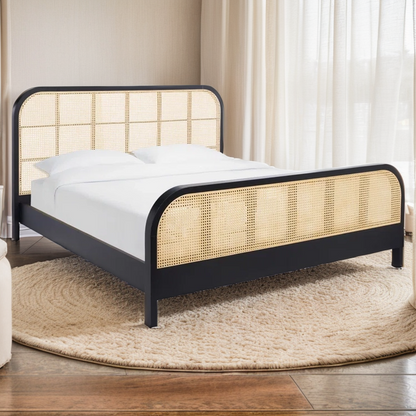 Black Wooden Bed with Rattan