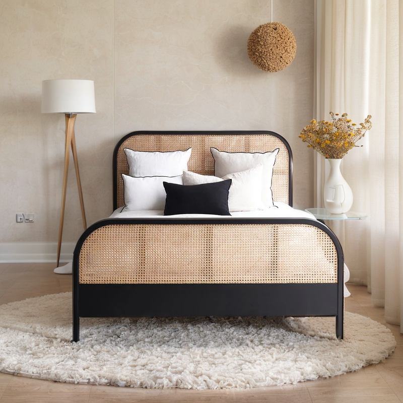 Black Wooden Bed with Rattan