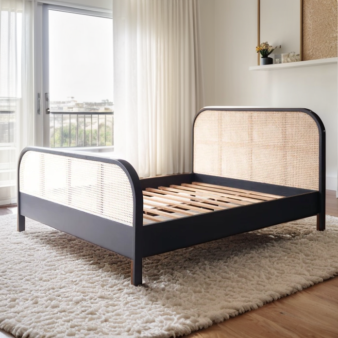 Black Wooden Bed with Rattan