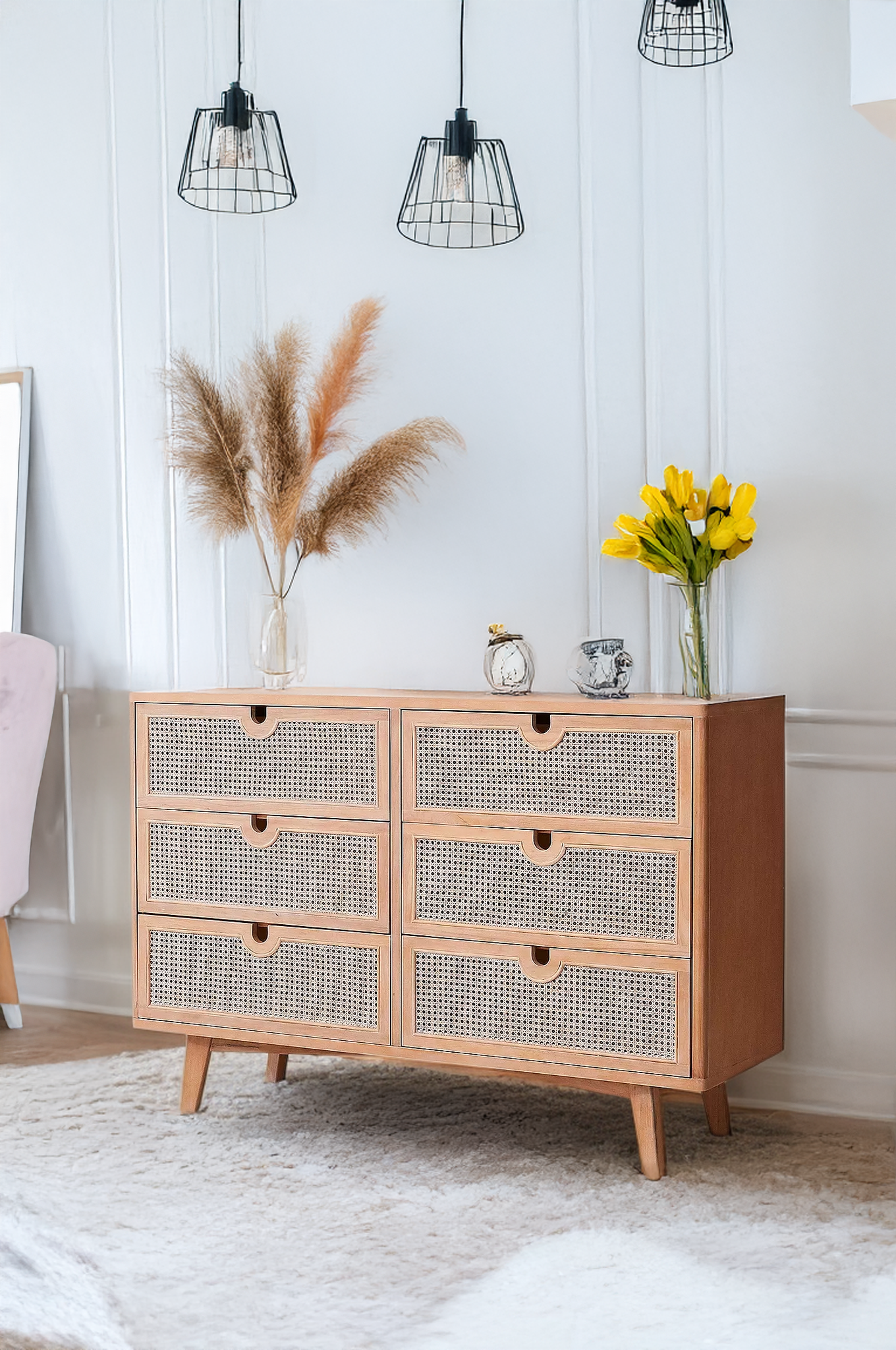 Beige 6-Drawer Dresser with Rattan