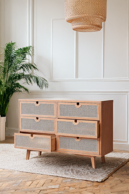 Beige 6-Drawer Dresser with Rattan