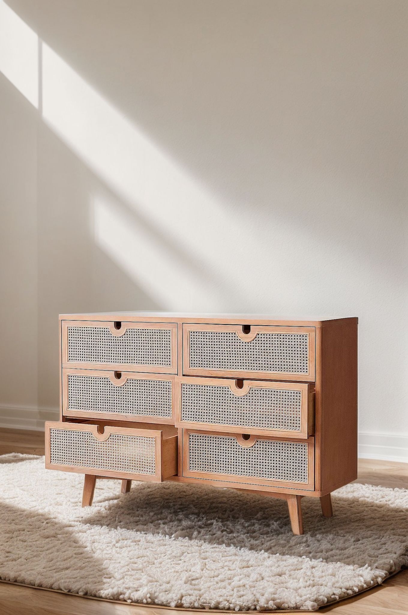 Beige 6-Drawer Dresser with Rattan