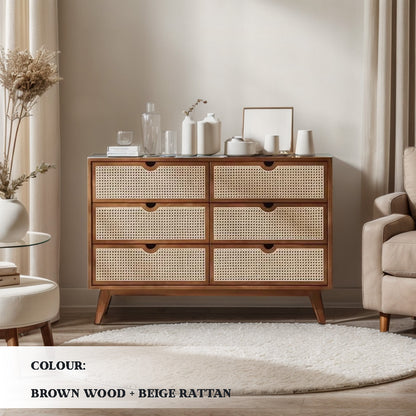 Beige 6-Drawer Dresser with Rattan