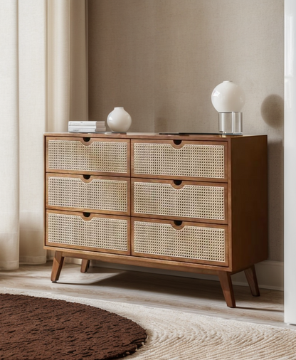 Beige 6-Drawer Dresser with Rattan