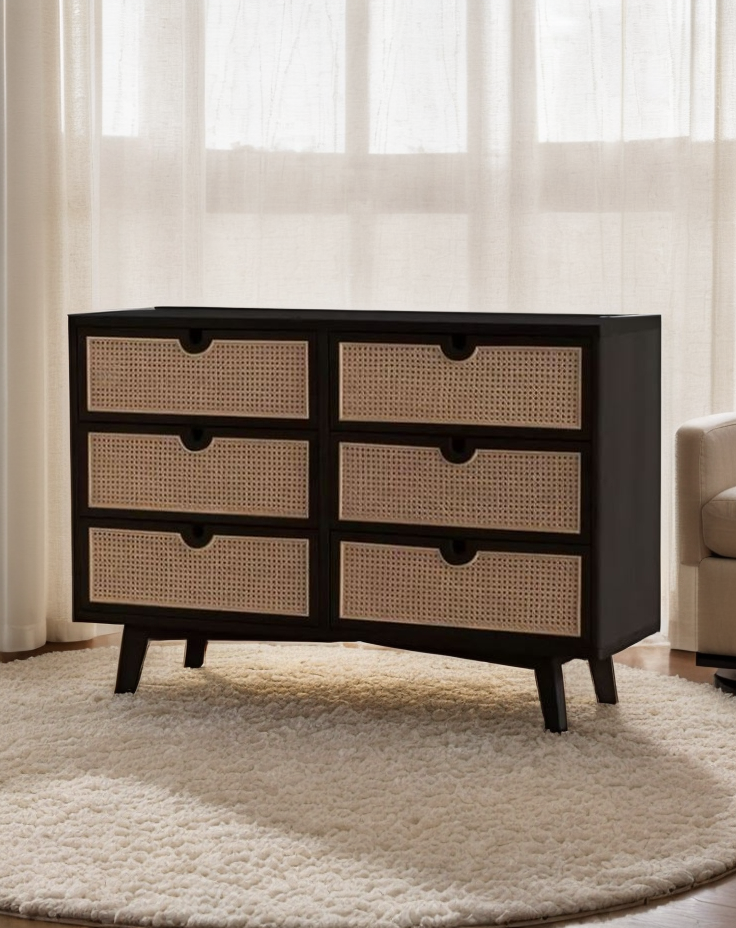 Beige 6-Drawer Dresser with Rattan