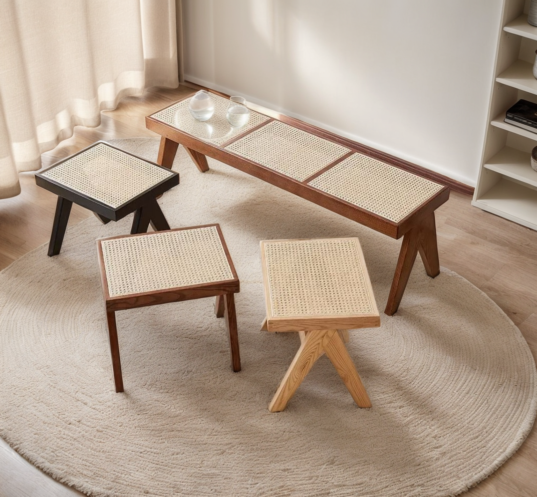 Beige Stool with Rattan