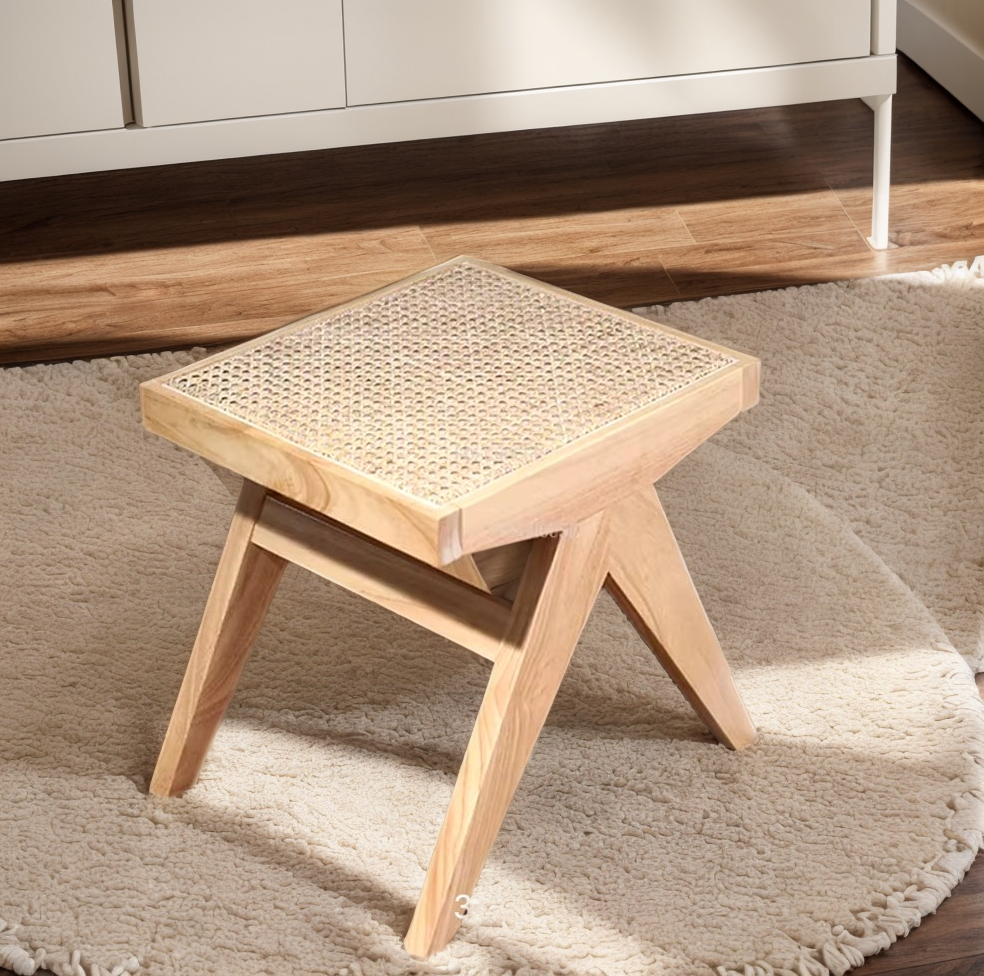 Beige Stool with Rattan