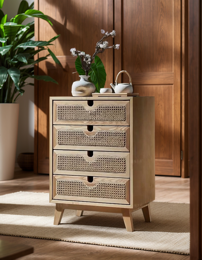 Brown 4-Drawer Dresser with Rattan