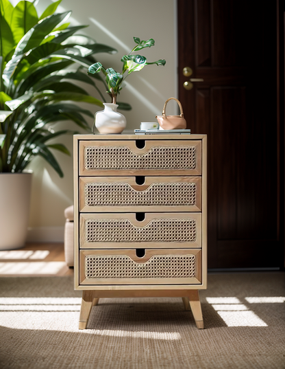 Brown 4-Drawer Dresser with Rattan