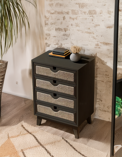 Brown 4-Drawer Dresser with Rattan