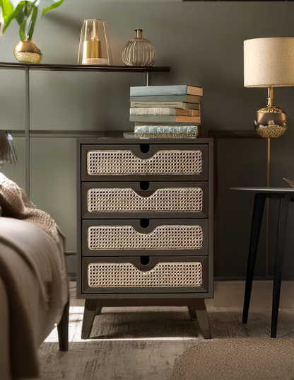 Brown 4-Drawer Dresser with Rattan