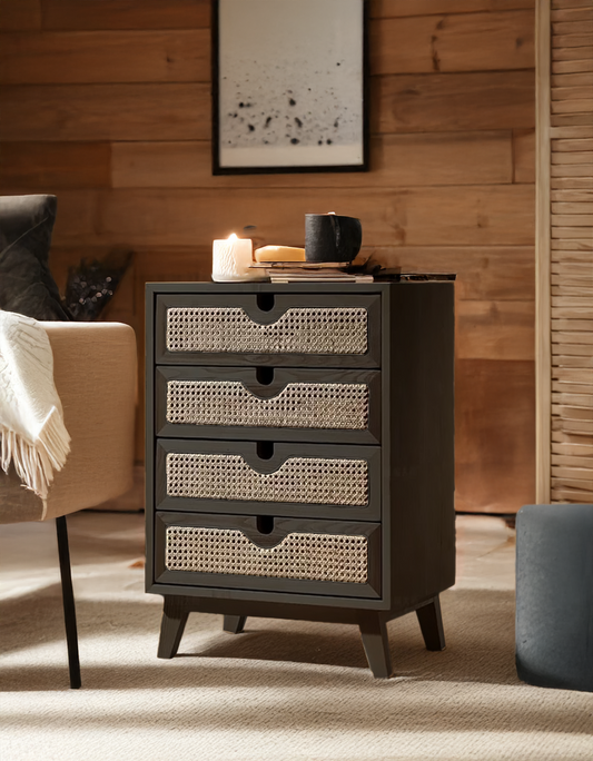 Black 4-Drawer Dresser with Rattan