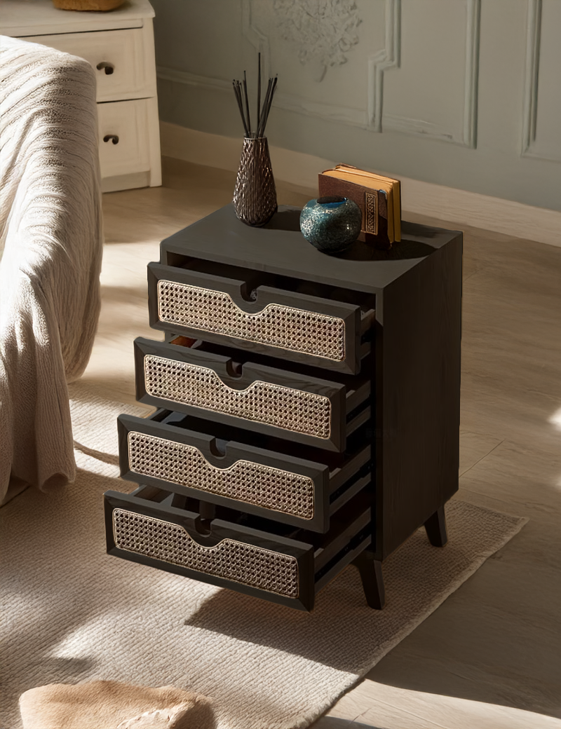 Brown 4-Drawer Dresser with Rattan