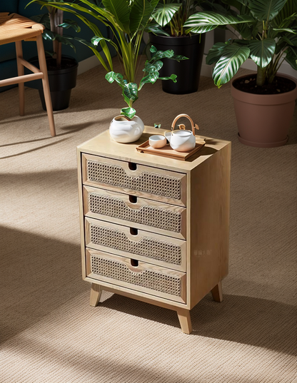 Brown 4-Drawer Dresser with Rattan