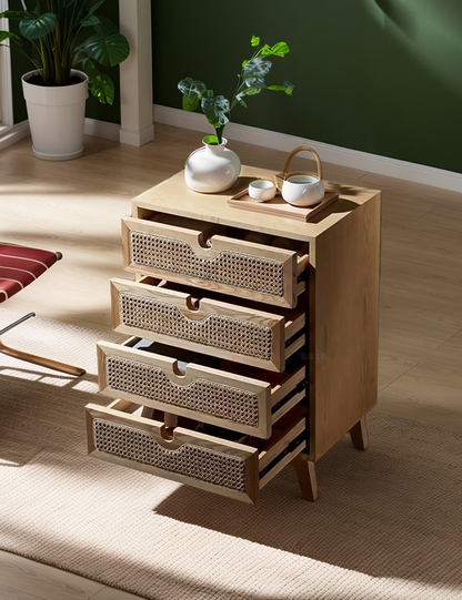 Brown 4-Drawer Dresser with Rattan