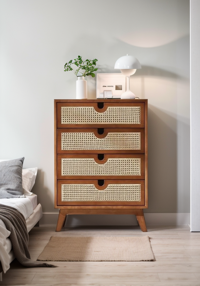 Brown 4-Drawer Dresser with Rattan