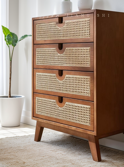 Brown 4-Drawer Dresser with Rattan