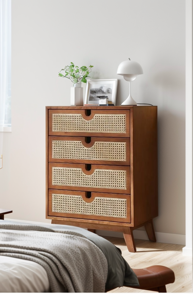 Brown 4-Drawer Dresser with Rattan