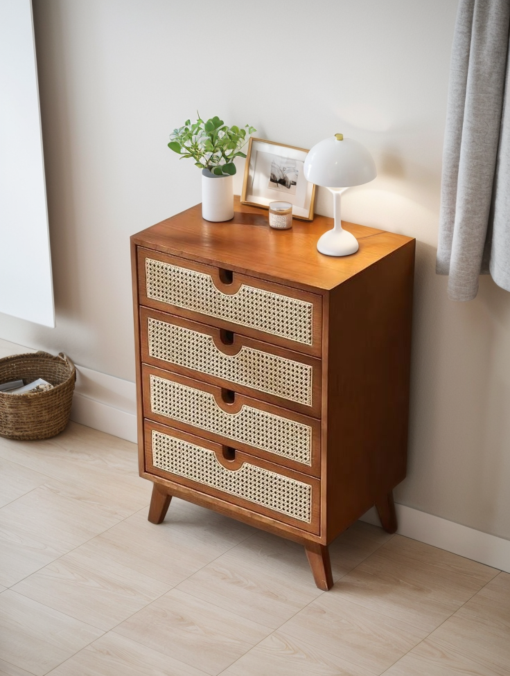 Brown 4-Drawer Dresser with Rattan