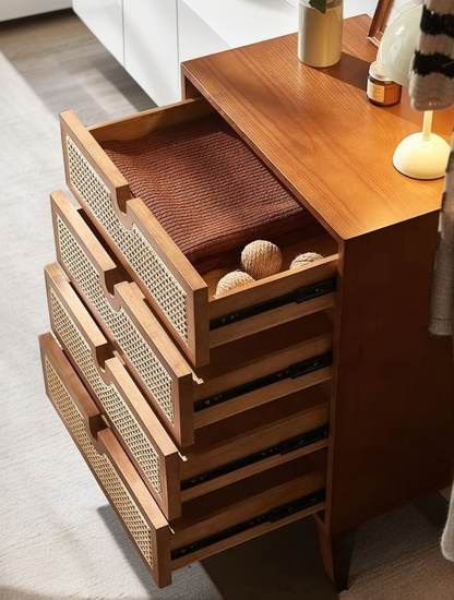 Brown 4-Drawer Dresser with Rattan