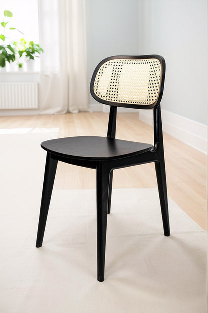 Black Wooden Chair with Natural Rattan