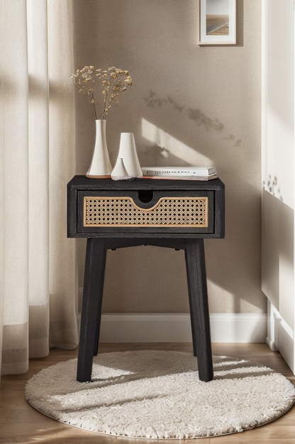 Beige Nightstand with Rattan